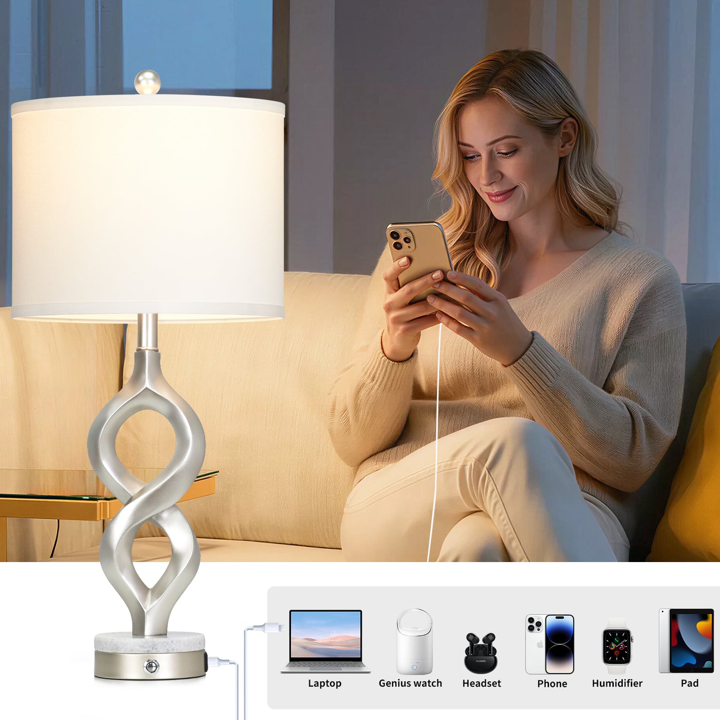 Cinkeda Silver Table Lamps 2 Pack, 30 Inch Touch Control Nightstand Lamp with USB A+C, Dimmable LED Modern Sculptural Lamp for Bedroom Living Room