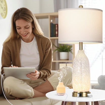 Cinkeda Vintage Style Table Lamps Set of 2 for Living Room Bedroom, 25" Tall with Dual Lights (Knob & Touch), USB-C/A Ports & AC Outlet, White Shade