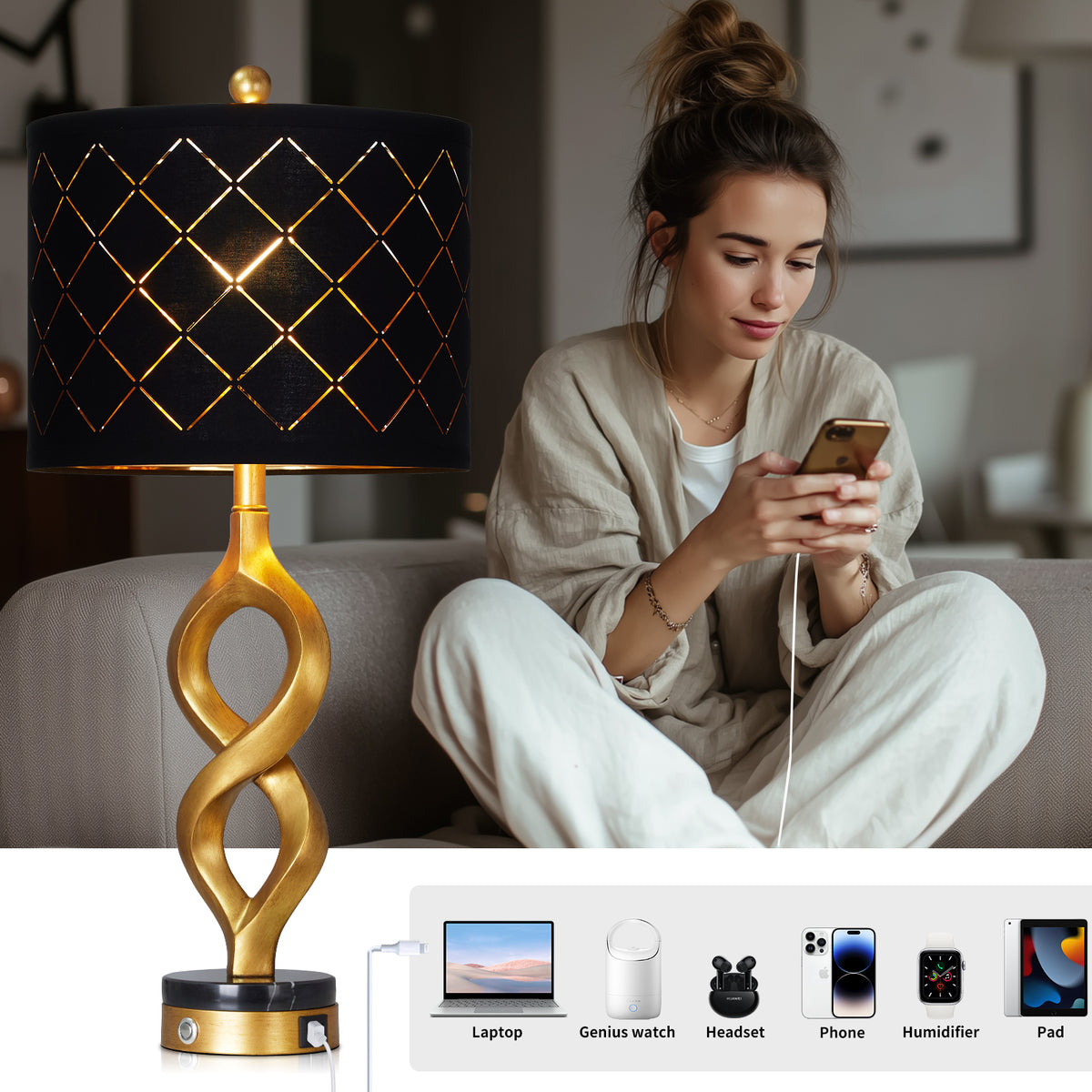 Cinkeda 30" Black and Gold Table Lamp, Modern Touch Control Dimmable Bedside Nightstand Lamp with USB A+C Ports & LED Bulb for Bedroom Living Room