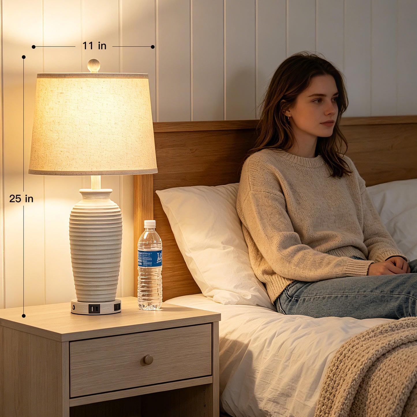 Cinkeda 25" Touch Control Table Lamp, Light Gray Resin Jar Body with Oatmeal Linen Shade, USB-C & AC Outlet, 3-Level Dimmable, Dimmable LED Bulb Included for Bedroom