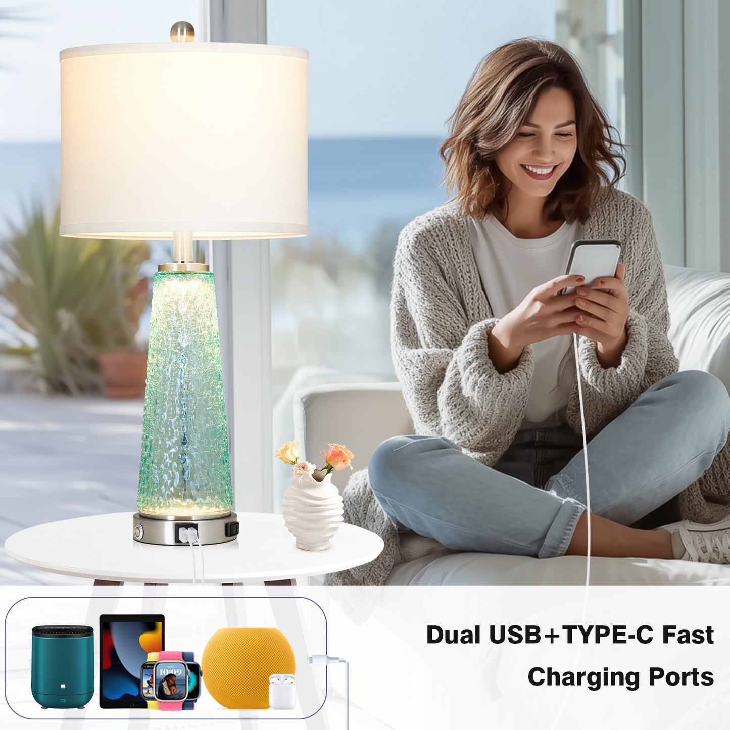 Cinkeda 26" Blue Speckled Glass Table Lamps Set of 2, Modern Touch Control Table Lamp with USB A+C Charging Ports, Nightstand Lamp for Bedroom Living Room Decor