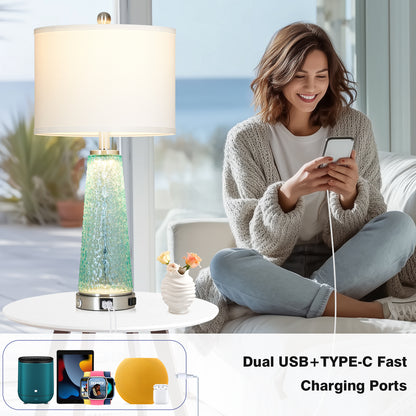 Cinkeda 26" Blue Speckled Glass Table Lamps Set of 2, Modern Touch Control Table Lamp with USB A+C Charging Ports, Nightstand Lamp for Bedroom Living Room Decor