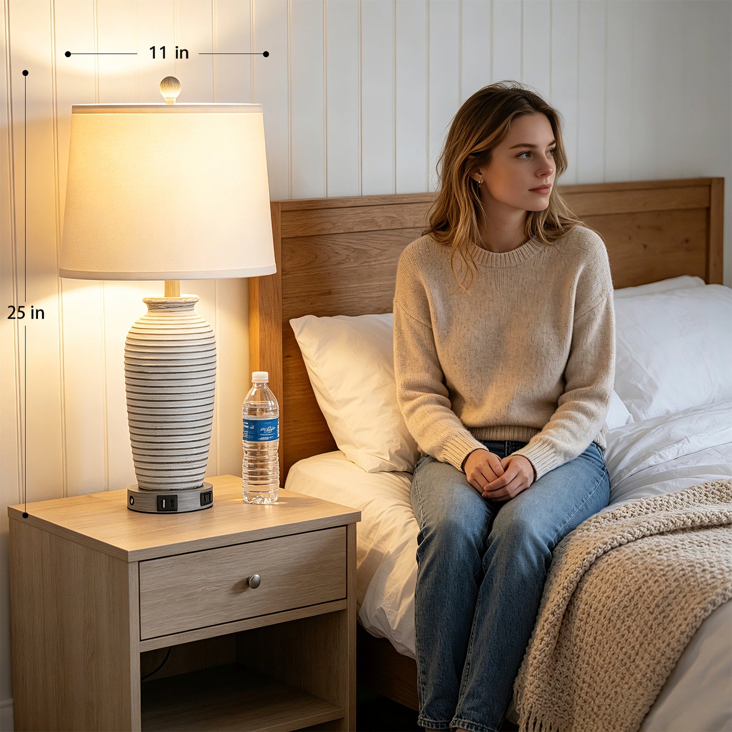 Cinkeda 25" Touch Control Table Lamp, Gray-White Resin Jar Body with White Linen Shade, USB-C & AC Outlet, 3-Level Dimmable, Dimmable LED Bulb Included for Bedroom