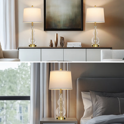 Cinkeda Clear Glass Table Lamp Set of 2 for Living Room Bedroom 27.5" 3-Way Dimmable Touch Control Bedside Lamps with USB Ports AC Outlet Morden Clear Glass Nightstand Lamp