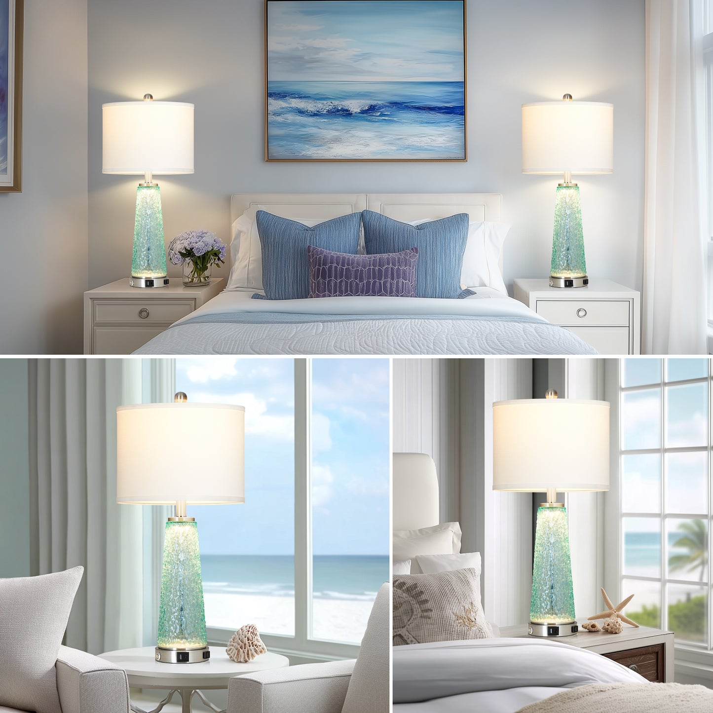 Cinkeda 26" Blue Speckled Glass Table Lamps Set of 2, Modern Touch Control Table Lamp with USB A+C Charging Ports, Nightstand Lamp for Bedroom Living Room Decor