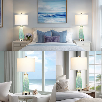 Cinkeda 26" Blue Speckled Glass Table Lamps Set of 2, Modern Touch Control Table Lamp with USB A+C Charging Ports, Nightstand Lamp for Bedroom Living Room Decor