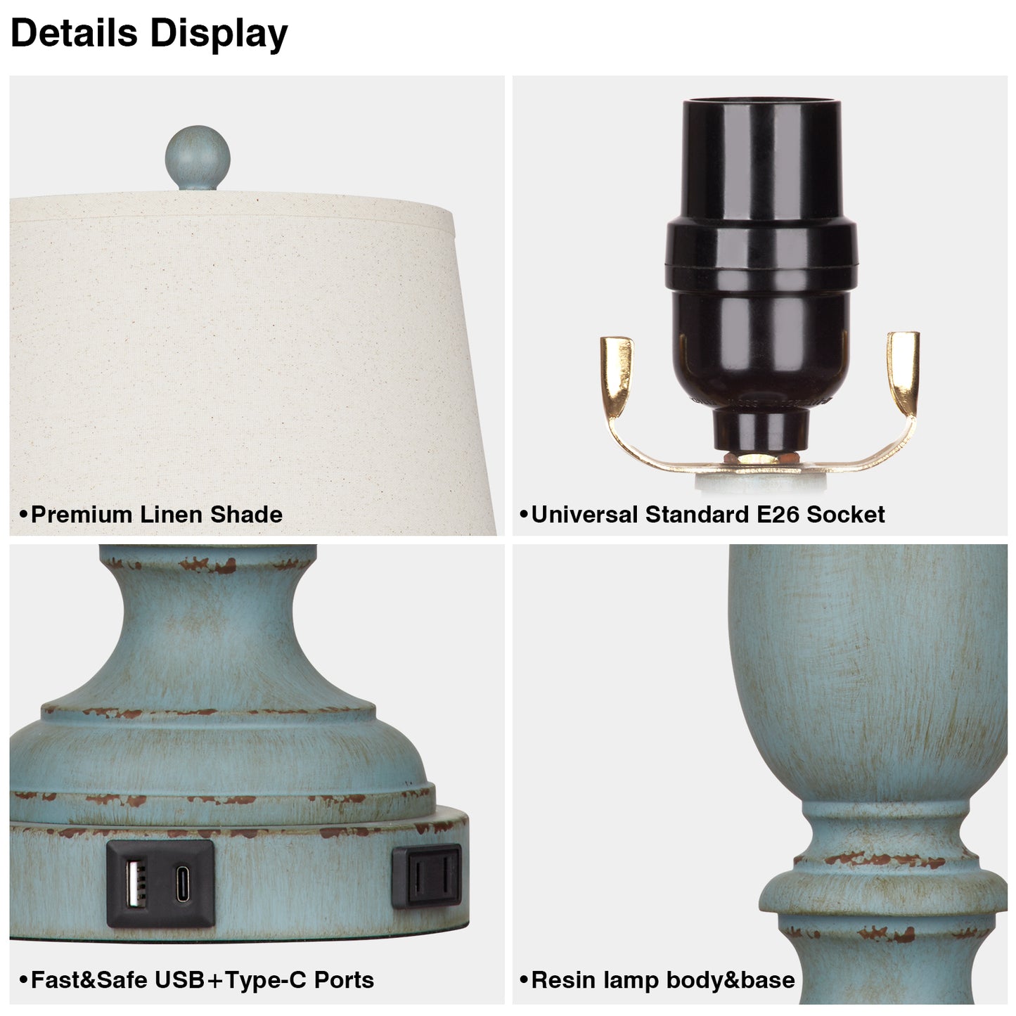 Blue resin tilted drum shade table lamps with a 3 - way touch dimming switch, USB Type - C charging ports and an AC outlet (Set of 2)