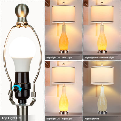 2-in-1 table lamp with nightlight. Nattierblue glass vase style body. Charging port & AC outlet. Drum shade, touch switch (Set of 2)