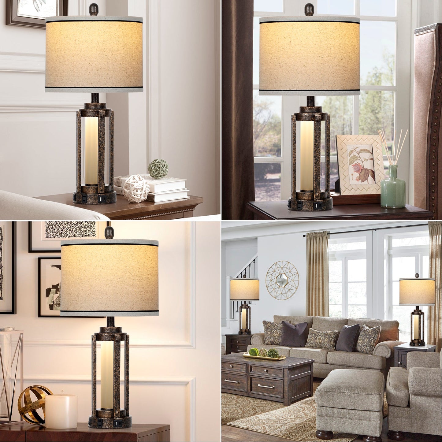 Black Gold Matte Metal Table Lamp with Roman-Cylinder Glass 2-in-1 Nightlight (Set of 2)
