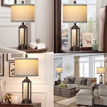 Black Gold Matte Metal Table Lamp with Roman-Cylinder Glass 2-in-1 Nightlight (Set of 2)