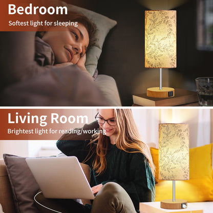 Cinkeda 3 Way Dimmable Single Table Lamp with USB Ports Leaf Print Shade 15" Touch Control Small Bedside Nightstand Lamp for Bedroom Living Room (1 Bulb)