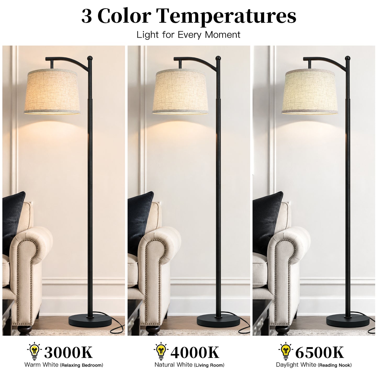 Cinkeda 62.5" Black Arc Floor Lamp, Mid-Century Modern Standing Lamp with Foot Switch, 3-Color Temperature & Remote for Living Room Bedroom, LED Bulb Included