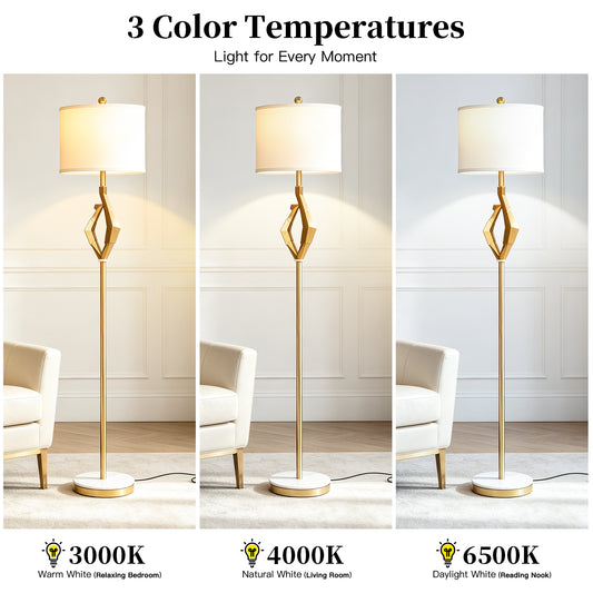 Cinkeda 65" White and Gold Floor Lamp, Modern Standing Lamp for Living Room Bedroom, 3-Color Temperature Dimmable Corner Lamp with Marble & Metal Base, LED Bulb Included