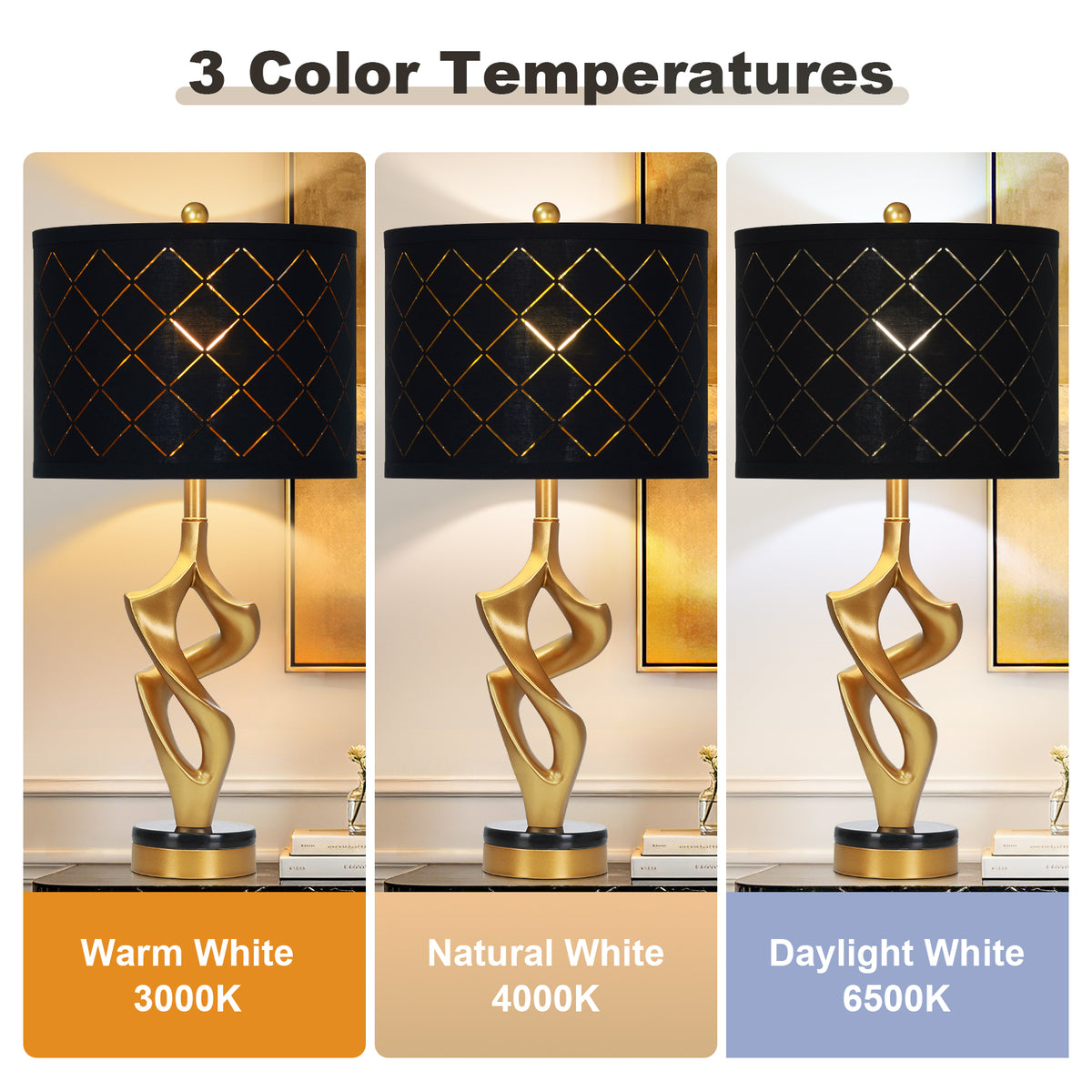 Cinkeda 29" Black and Gold Table Lamp Set of 2, 3-Color Temperature Dimmable Nightstand Lamps with Mesh Lampshade for Living Room Bedroom, LED Bulbs Included