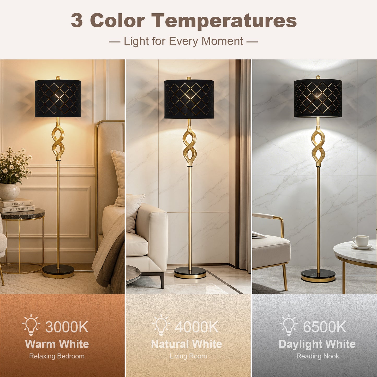 Cinkeda 65" Black and Gold Floor Lamp, Modern Standing Lamp for Living Room Bedroom, 3-Color Temperature Dimmable Corner Lamp with Marble & Metal Base, LED Bulb Included