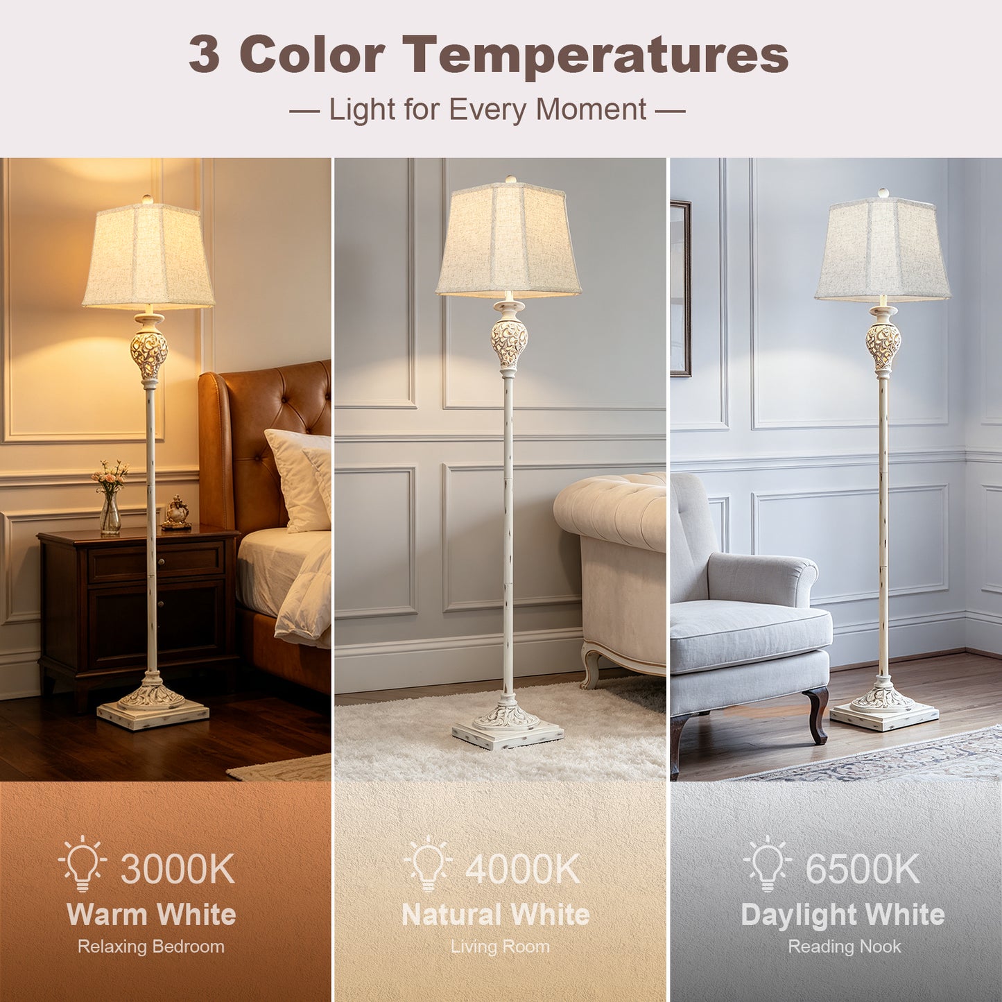 Cinkeda 67" Floor Lamp, Standing Lamp with Night Light & 4-Level Rotary Switch & Dimmable 3-Color Temp for Living Room, LED Bulb Included