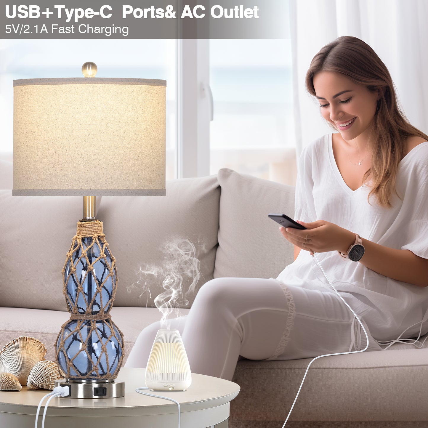 Cinkeda Coastal Glass Table Lamps Set of 2 with USB C+A Ports AC Outlet 3 Way Dimmable Touch Control Nightlight 26" Nautical Bedside Lamp for Living Room Bedroom