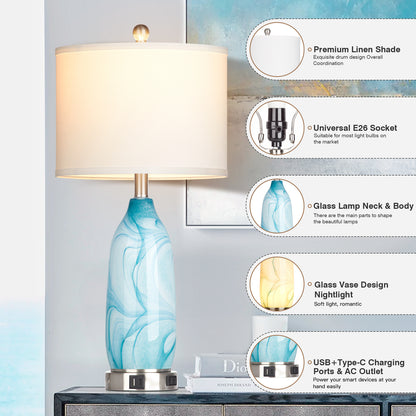 2-in-1 table lamp with nightlight. Blue glass lamp body. Charging ports & AC outlet. Drum shade. Touch switch (Set of 2)