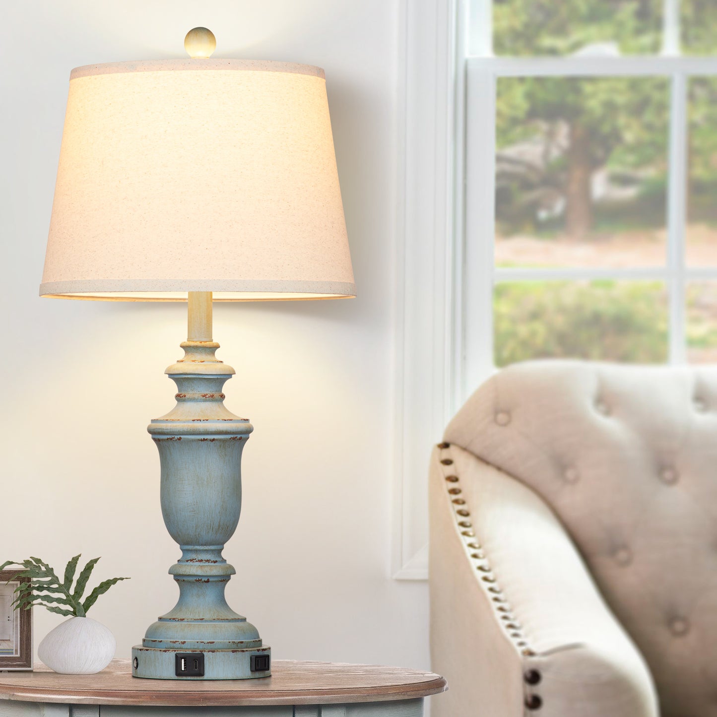 Blue resin tilted drum shade table lamps with a 3 - way touch dimming switch, USB Type - C charging ports and an AC outlet (Set of 2)