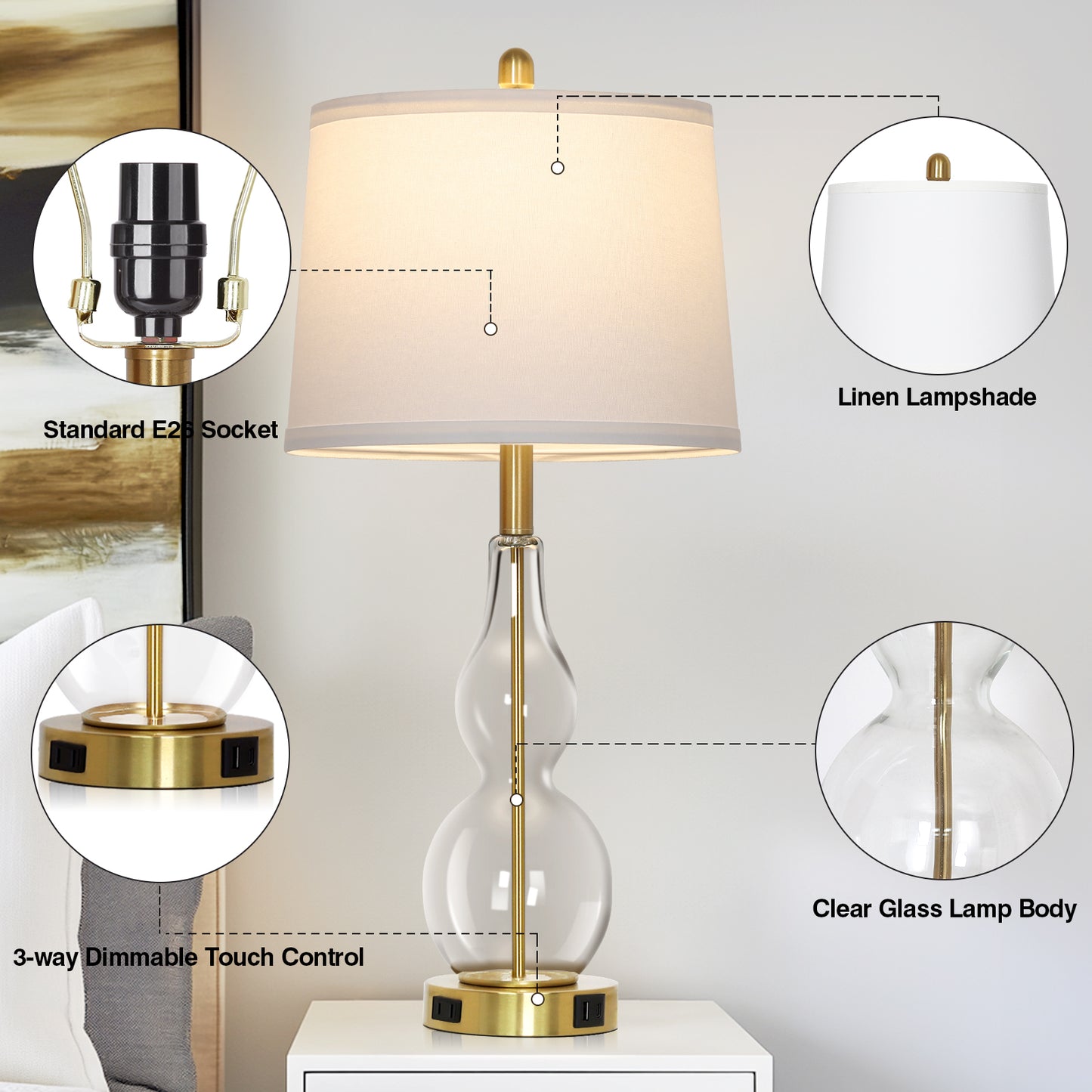 Cinkeda Clear Glass Table Lamp Set of 2 for Living Room Bedroom 27.5" 3-Way Dimmable Touch Control Bedside Lamps with USB Ports AC Outlet Morden Clear Glass Nightstand Lamp