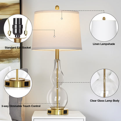 Cinkeda Clear Glass Table Lamp Set of 2 for Living Room Bedroom 27.5" 3-Way Dimmable Touch Control Bedside Lamps with USB Ports AC Outlet Morden Clear Glass Nightstand Lamp