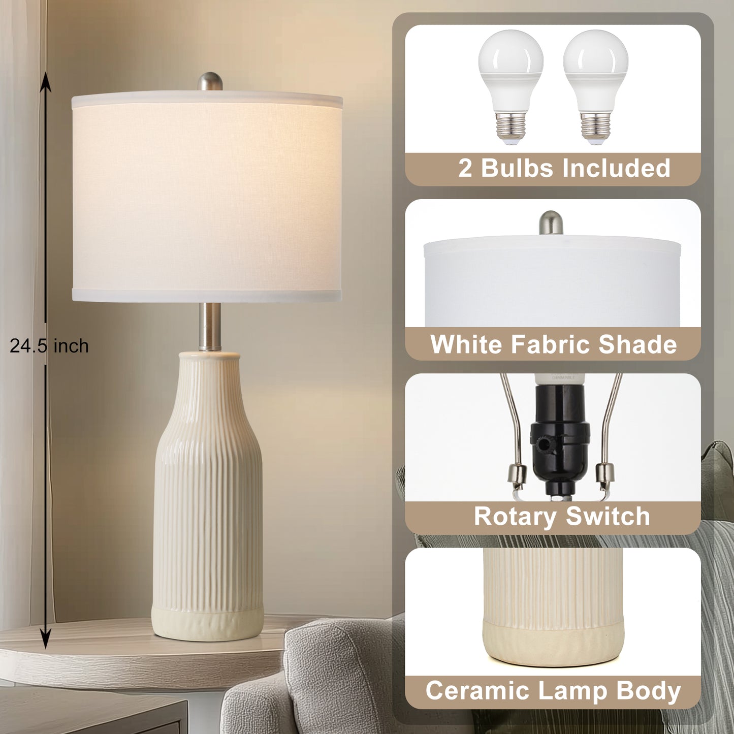 Cinkeda 26" Ceramic Table Lamps Set of 2 with Rotary Switch, Modern Farmhouse White Glaze & Drum Shade for Bedroom Living Room