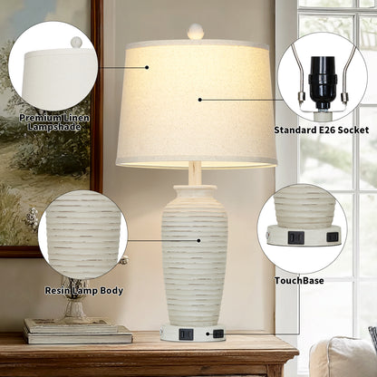 Cinkeda Set of 2 Dimmable Touch Control Table Lamps with USB-C & AC Outlet, 25-inch Retro Resin White Jar Lamps for Bedroom Nightstand, Living Room