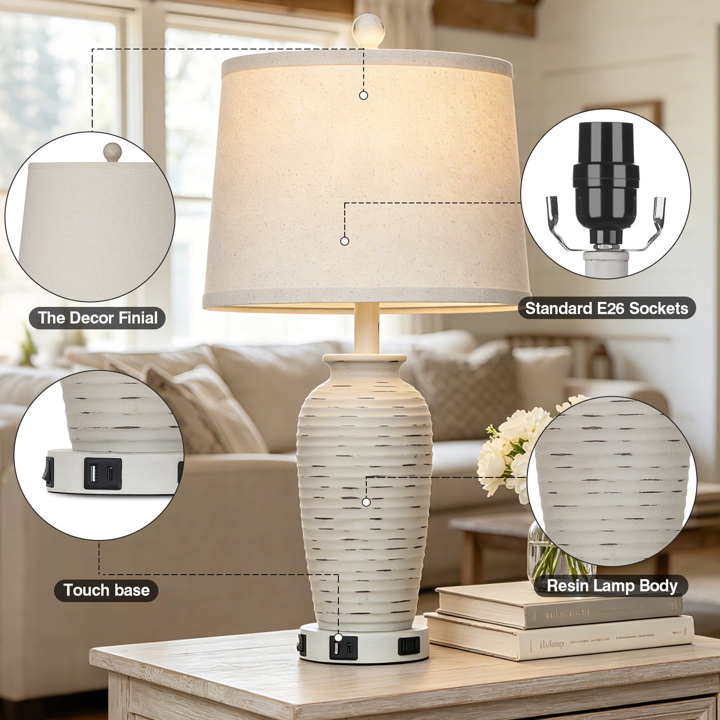 Cinkeda 25" Touch Control Table Lamp, White Resin Jar Body with Oatmeal Linen Shade, USB-C & AC Outlet, 3-Level Dimmable, Dimmable LED Bulb Included for Bedroom