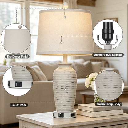 Cinkeda 25" Touch Control Table Lamp, White Resin Jar Body with Oatmeal Linen Shade, USB-C & AC Outlet, 3-Level Dimmable, Dimmable LED Bulb Included for Bedroom