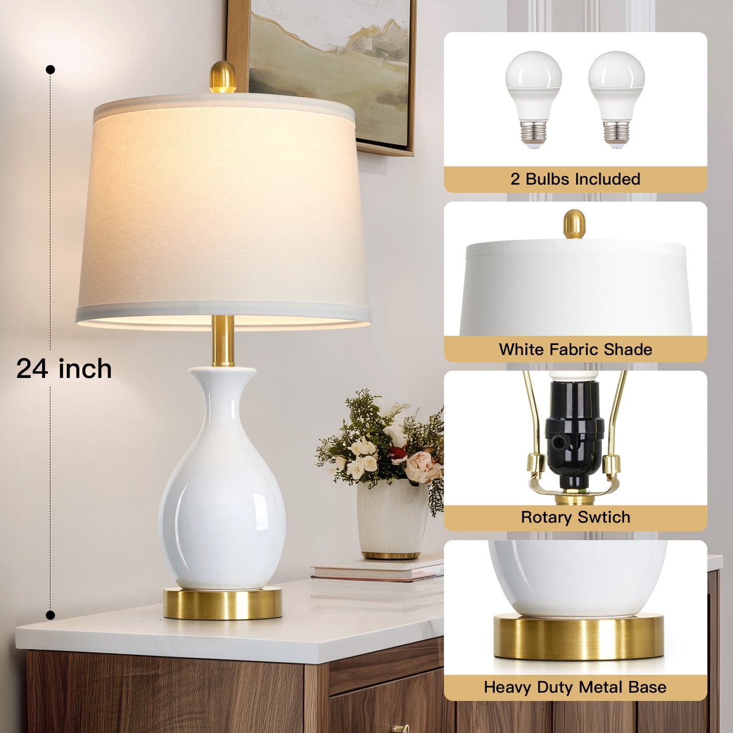 Cinkeda 24" White Ceramic Table Lamps Set of 2, Modern Classic Bedside Lamp with Gold Accents for Living Room Bedroom