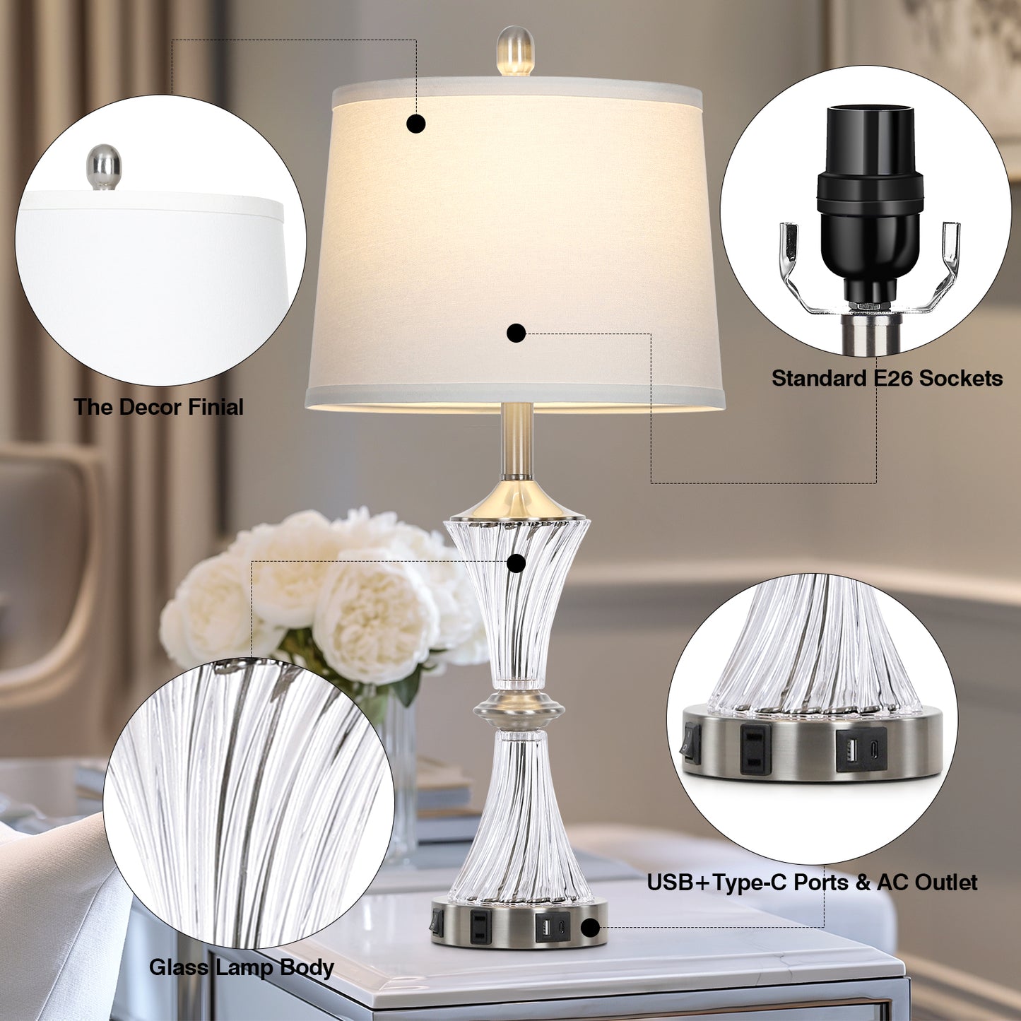 Cinkeda 27" Clear Glass Table Lamps Set of 2 with USB-C/A Ports & AC Outlet, Silver Nickel Finish Nightstand Lamps for Bedroom Living Room, LED Bulbs Included