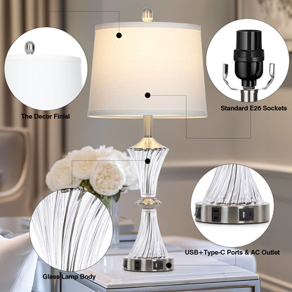 Cinkeda 27" Clear Glass Table Lamps Set of 2 with USB-C/A Ports & AC Outlet, Silver Nickel Finish Nightstand Lamps for Bedroom Living Room, LED Bulbs Included