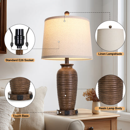 Cinkeda 25" Brown Resin Table Lamps Set of 2, 3-Level Touch Control Bedside Nightstand Lamps with USB & Type-C Ports, AC Outlet for Living Room