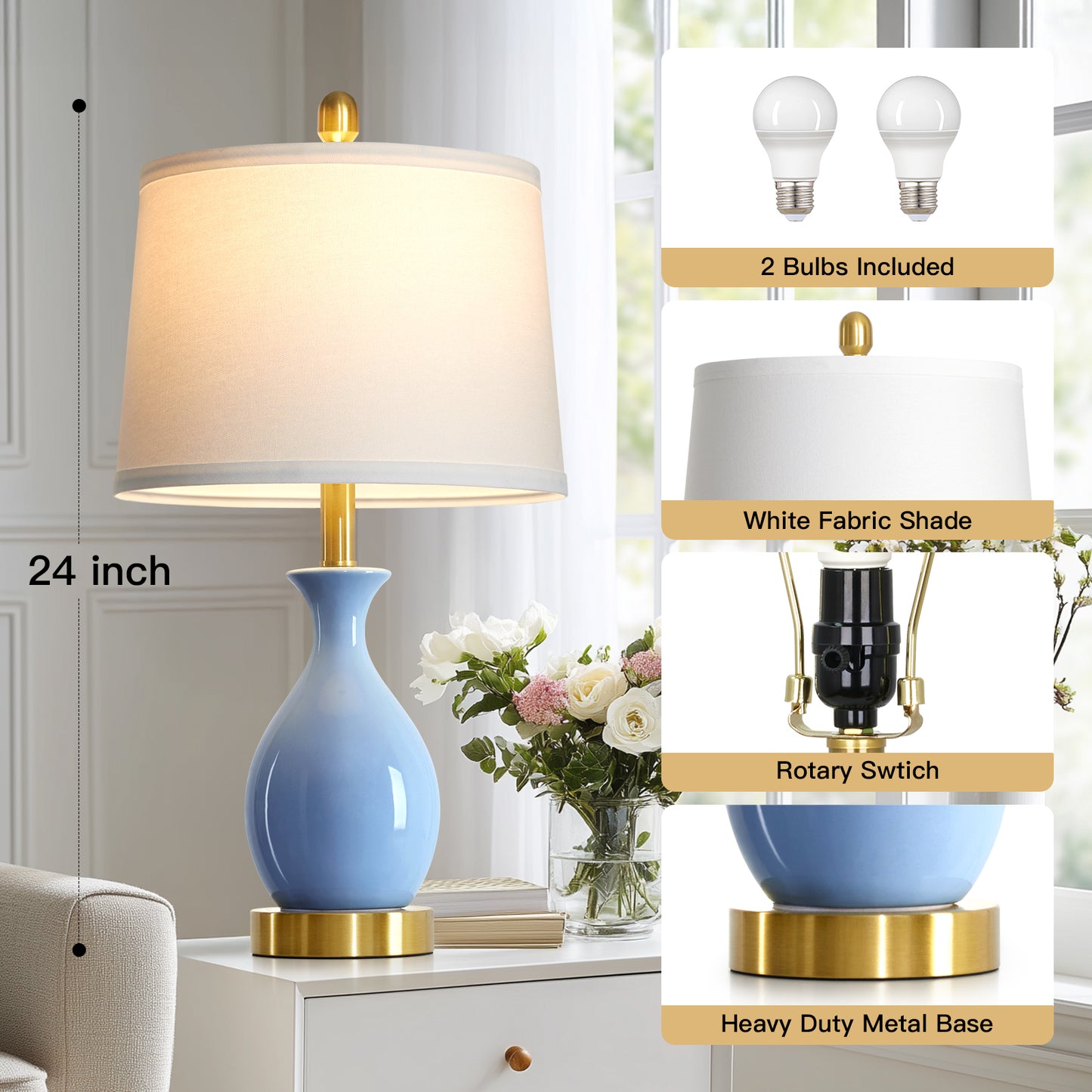 Cinkeda 24" Blue Ceramic Table Lamps Set of 2, Modern Classic Bedside Lamp with Gold Accents for Living Room Bedroom