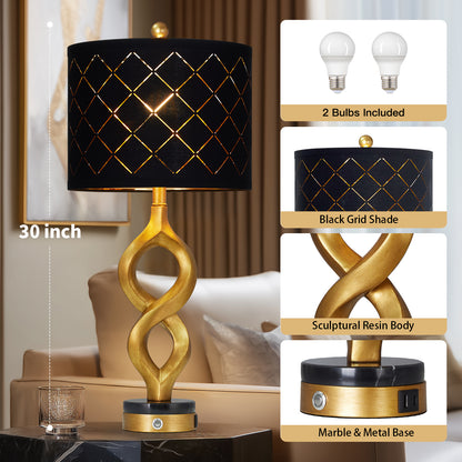 Cinkeda Modern Table Lamp Set of 2 with USB A+C Ports for Bedroom Living Room,Resin Nightstand 3-Way Dimmable Touch Bedside Lamp