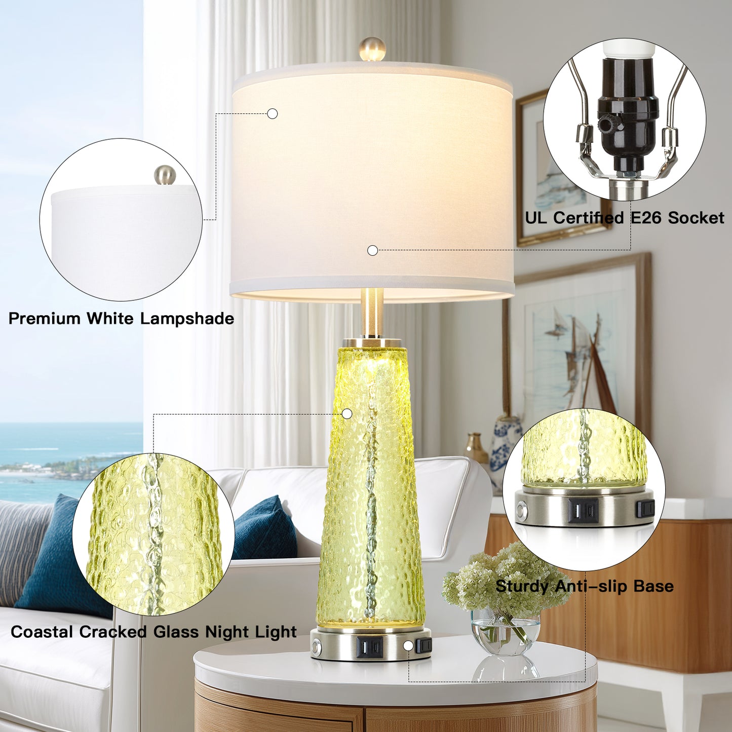 Cinkeda 26" Yellow Speckled Glass Table Lamps Set of 2, Modern Touch Control Table Lamp with USB A+C Charging Ports, Nightstand Lamp for Bedroom Living Room Decor