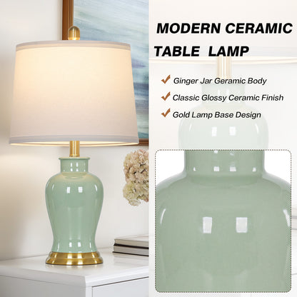 Cinkeda 23" Coastal Green Ceramic Table Lamps Set of 2 with Gold Accents, Modern Ceramic Ginger Jar Nightstand Lamps for Bedroom Living Room
