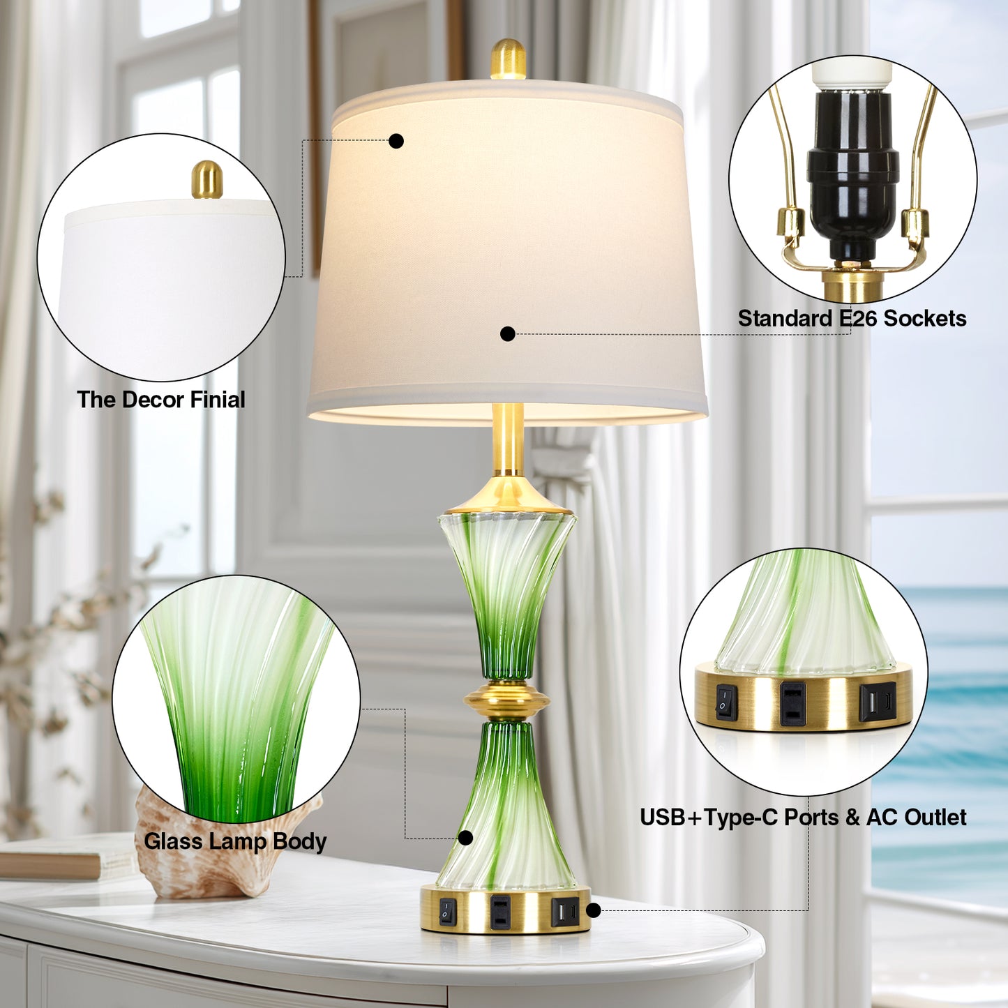 Cinkeda 27" Green Glass Table Lamps Set of 2 with USB-C/A Ports & AC Outlet, Silver Nickel Finish Nightstand Lamps for Bedroom Living Room, LED Bulbs Included