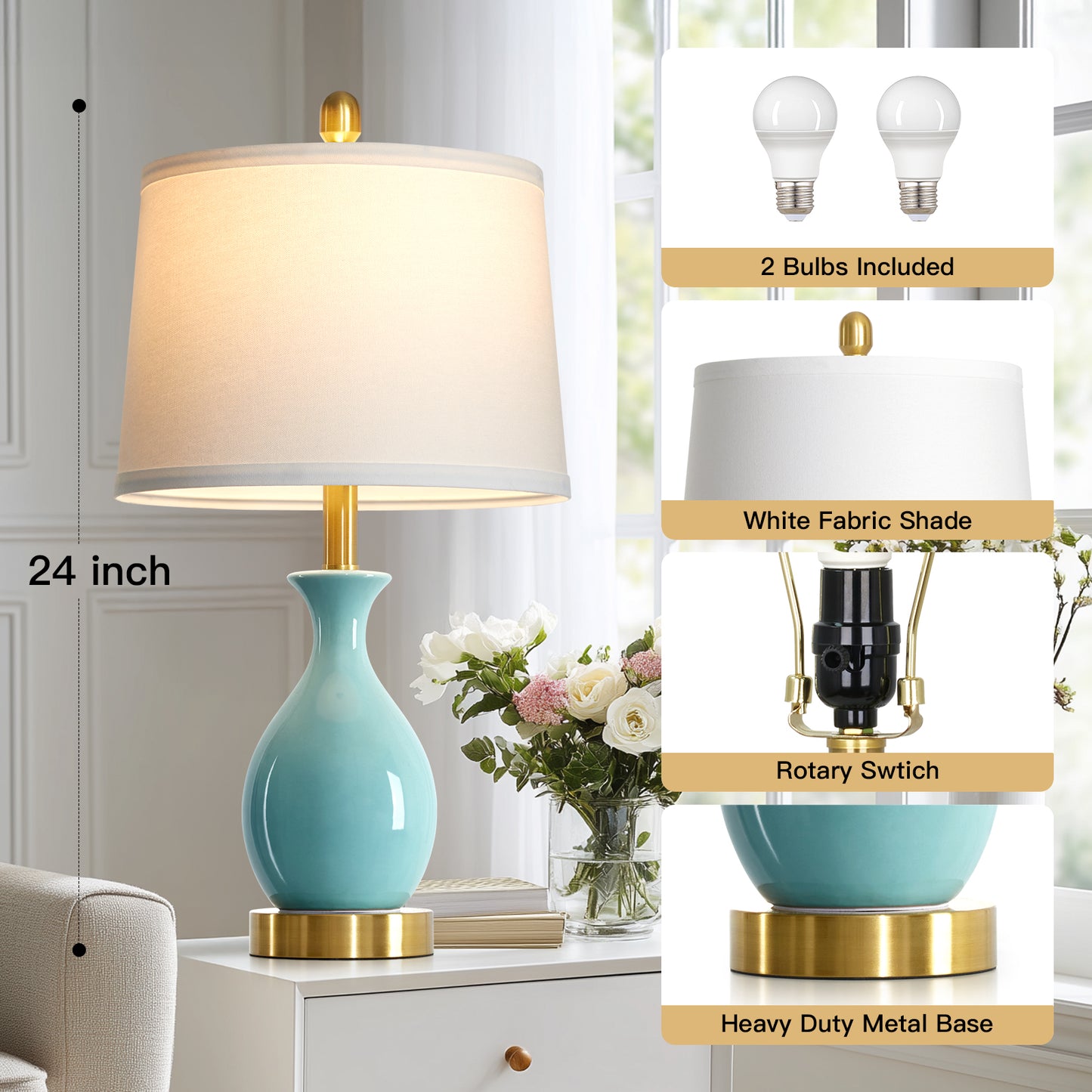Cinkeda 24" Aqua Blue Ceramic Table Lamps Set of 2, Modern Classic Bedside Lamp with Gold Accents for Living Room Bedroom