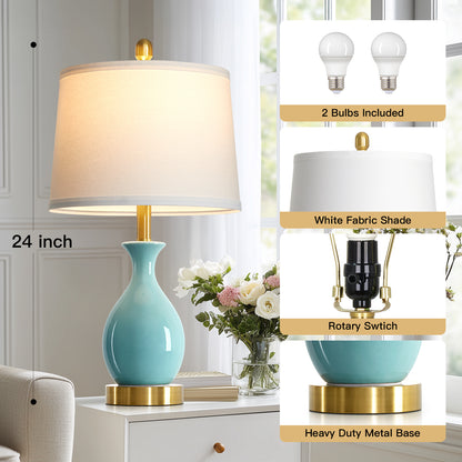 Cinkeda 24" Aqua Blue Ceramic Table Lamps Set of 2, Modern Classic Bedside Lamp with Gold Accents for Living Room Bedroom