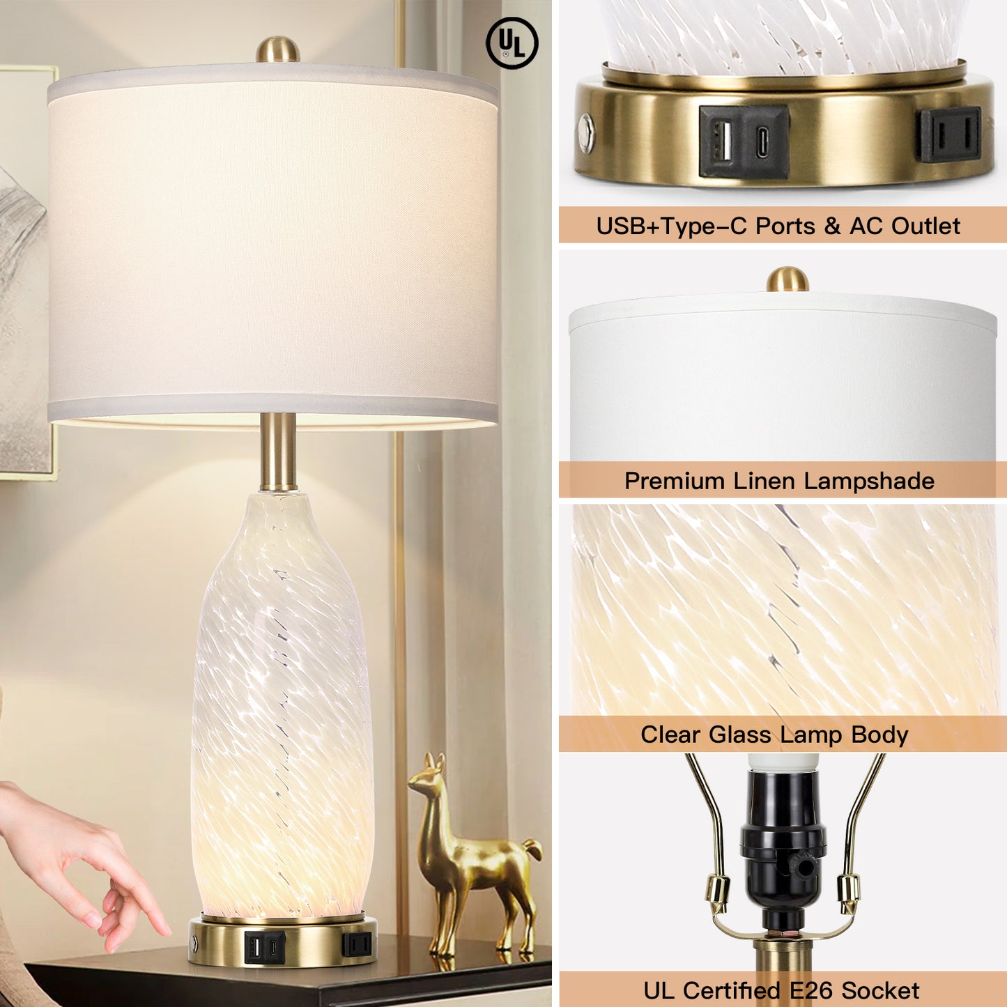 Cinkeda Vintage Style Table Lamps Set of 2 for Living Room Bedroom, 25" Tall with Dual Lights (Knob & Touch), USB-C/A Ports & AC Outlet, White Shade