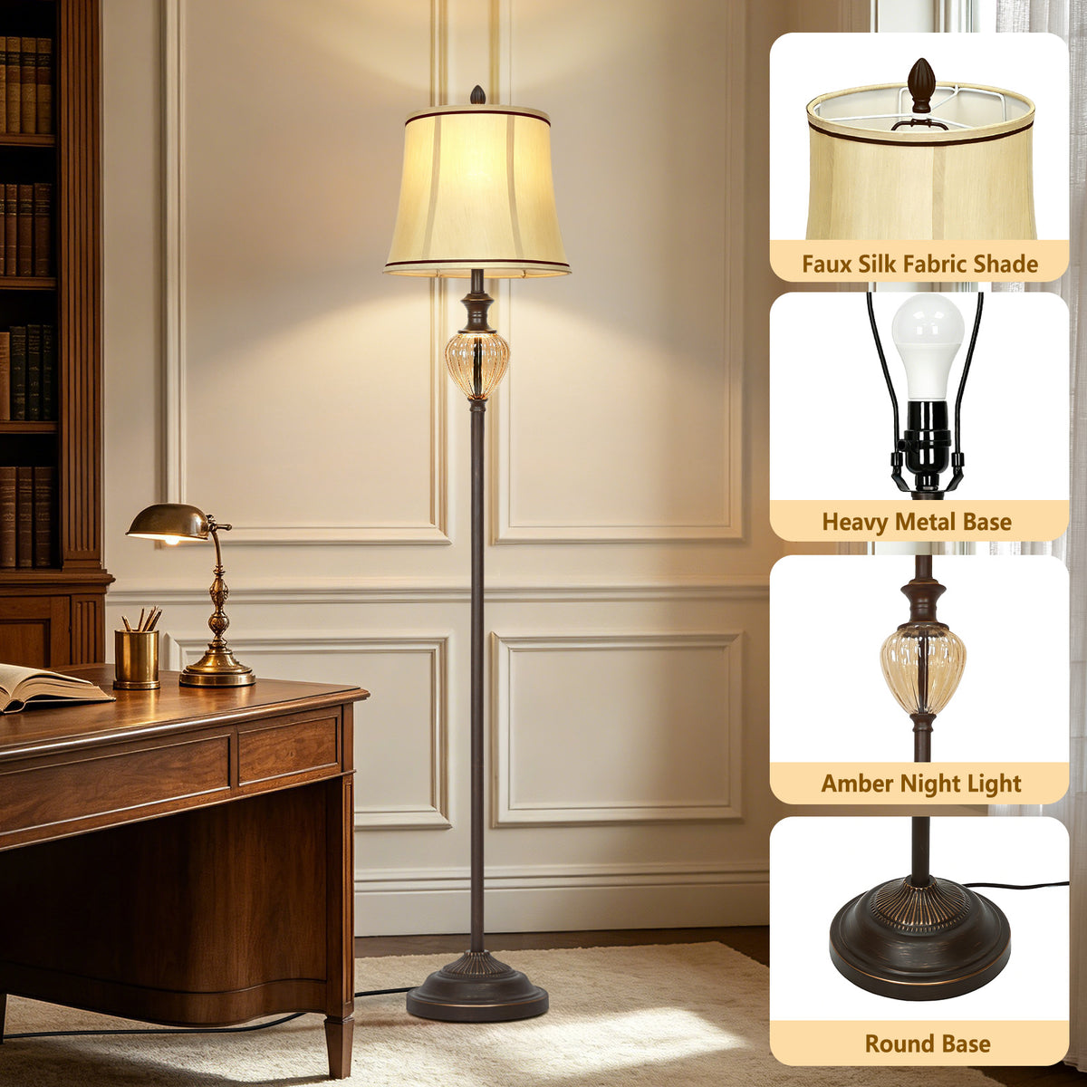 Cinkeda 67.5" Black Floor Lamp, Standing Lamp with Night Light & 4-Level Rotary Switch & Dimmable 3-Color Temp for Living Room, LED Bulb Included