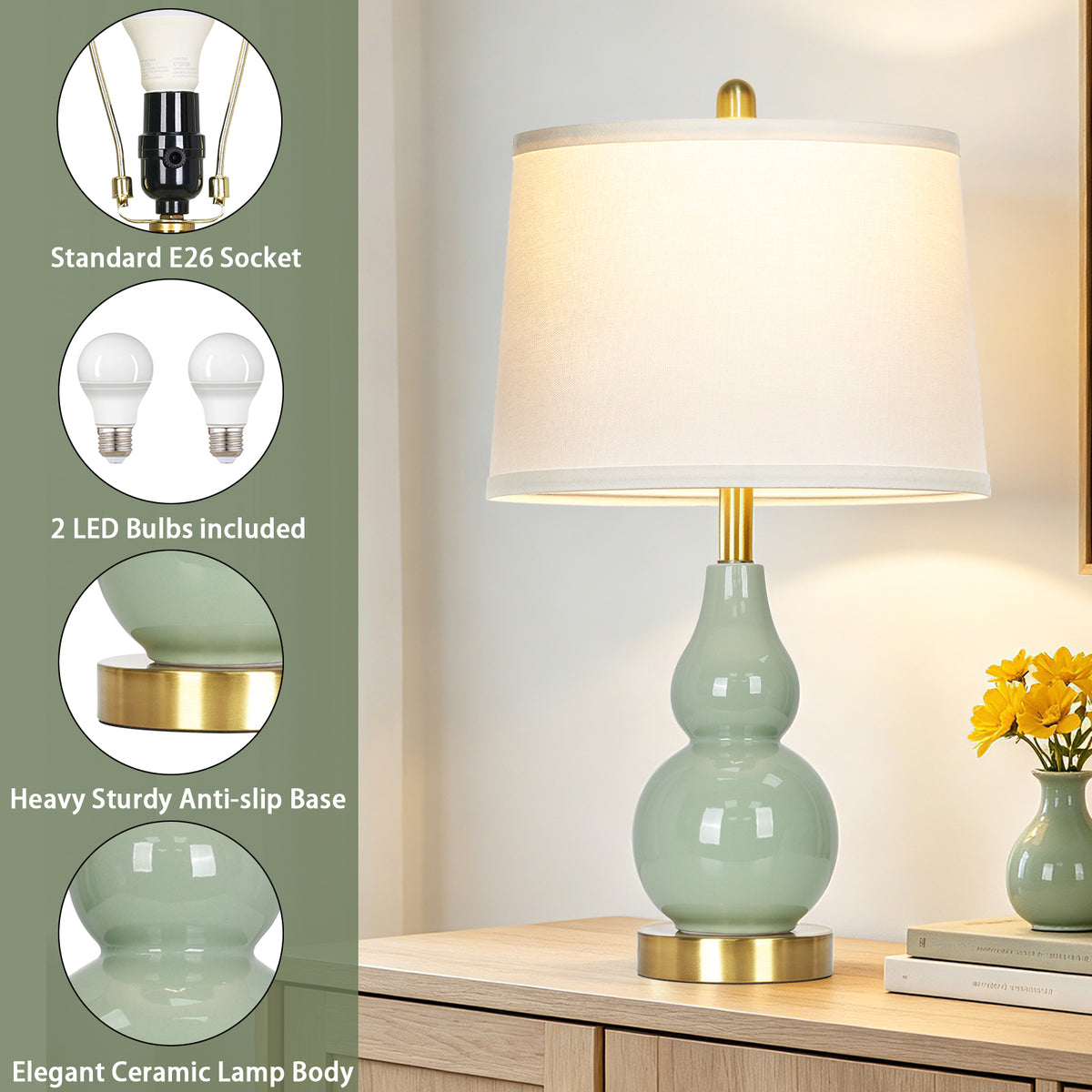 Cinkeda 25" Teal Ceramic Table Lamps Set of 2, 2-Level Rotary Switch Bedside Nightstand Lamps with Gold Base & Slant Shade for Living Room