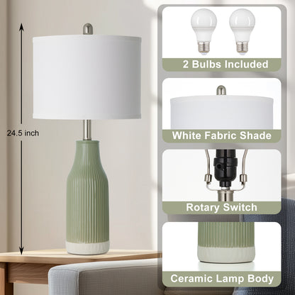 Cinkeda 24.5" Ceramic Table Lamps Set of 2 with Rotary Switch, Modern Farmhouse White Glaze & Drum Shade for Bedroom Living Room