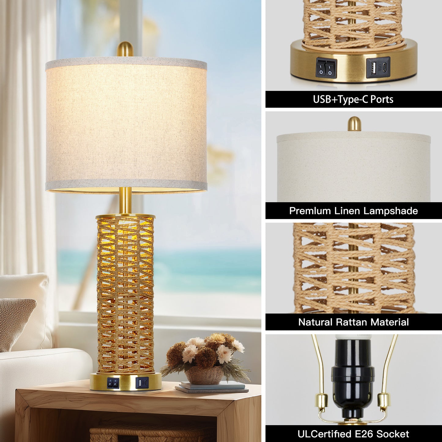 Cinkeda 27" Rattan Woven Table Lamps Set of 2, Boho Bedside Lamp with Dual Rocker Switches & Night Light, USB A+C Ports & Gold Finish for Farmhouse Bedroom Living Room