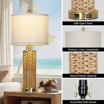 Cinkeda 27" Rattan Woven Table Lamps Set of 2, Boho Bedside Lamp with Dual Rocker Switches & Night Light, USB A+C Ports & Gold Finish for Farmhouse Bedroom Living Room