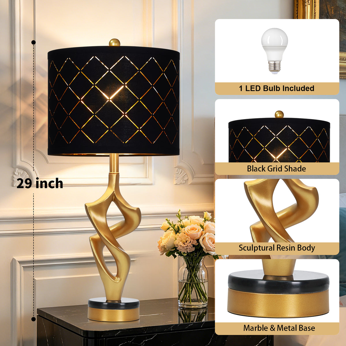 Cinkeda 29" Gold Resin Table Lamp, 2-Level Rotary Switch with 3-Color Temp Dimmable Bulb & Marble Base for Living Room Bedroom