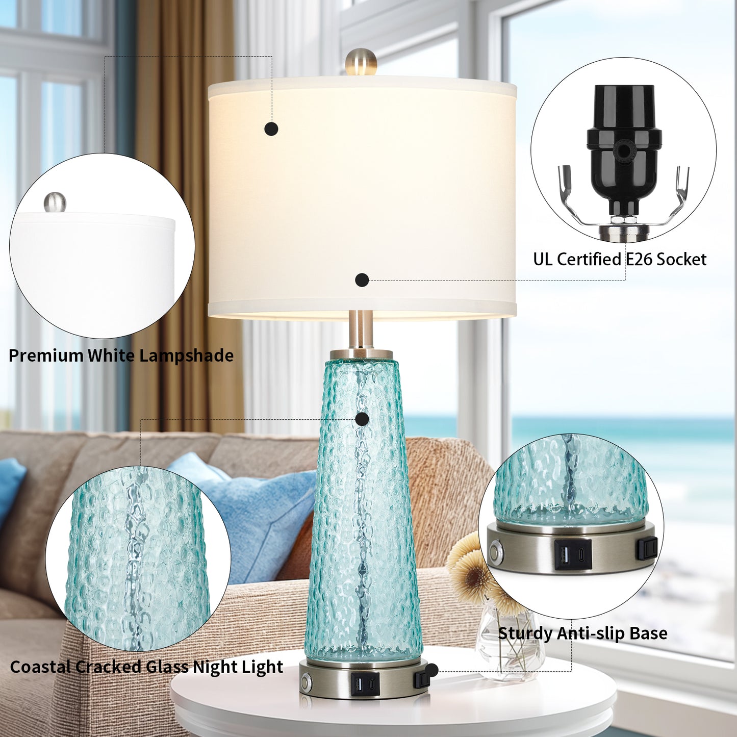 Cinkeda 26" Blue Speckled Glass Table Lamps Set of 2, Modern Touch Control Table Lamp with USB A+C Charging Ports, Nightstand Lamp for Bedroom Living Room Decor