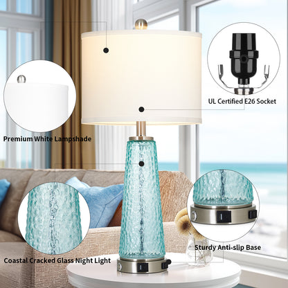 Cinkeda 26" Blue Speckled Glass Table Lamps Set of 2, Modern Touch Control Table Lamp with USB A+C Charging Ports, Nightstand Lamp for Bedroom Living Room Decor