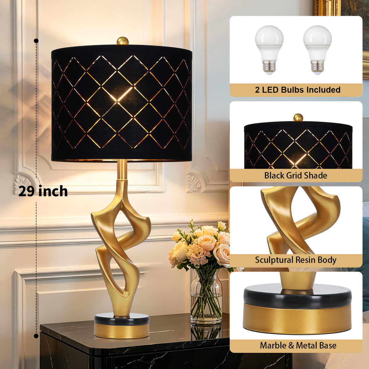 Cinkeda 29" Black and Gold Table Lamp Set of 2, 3-Color Temperature Dimmable Nightstand Lamps with Mesh Lampshade for Living Room Bedroom, LED Bulbs Included
